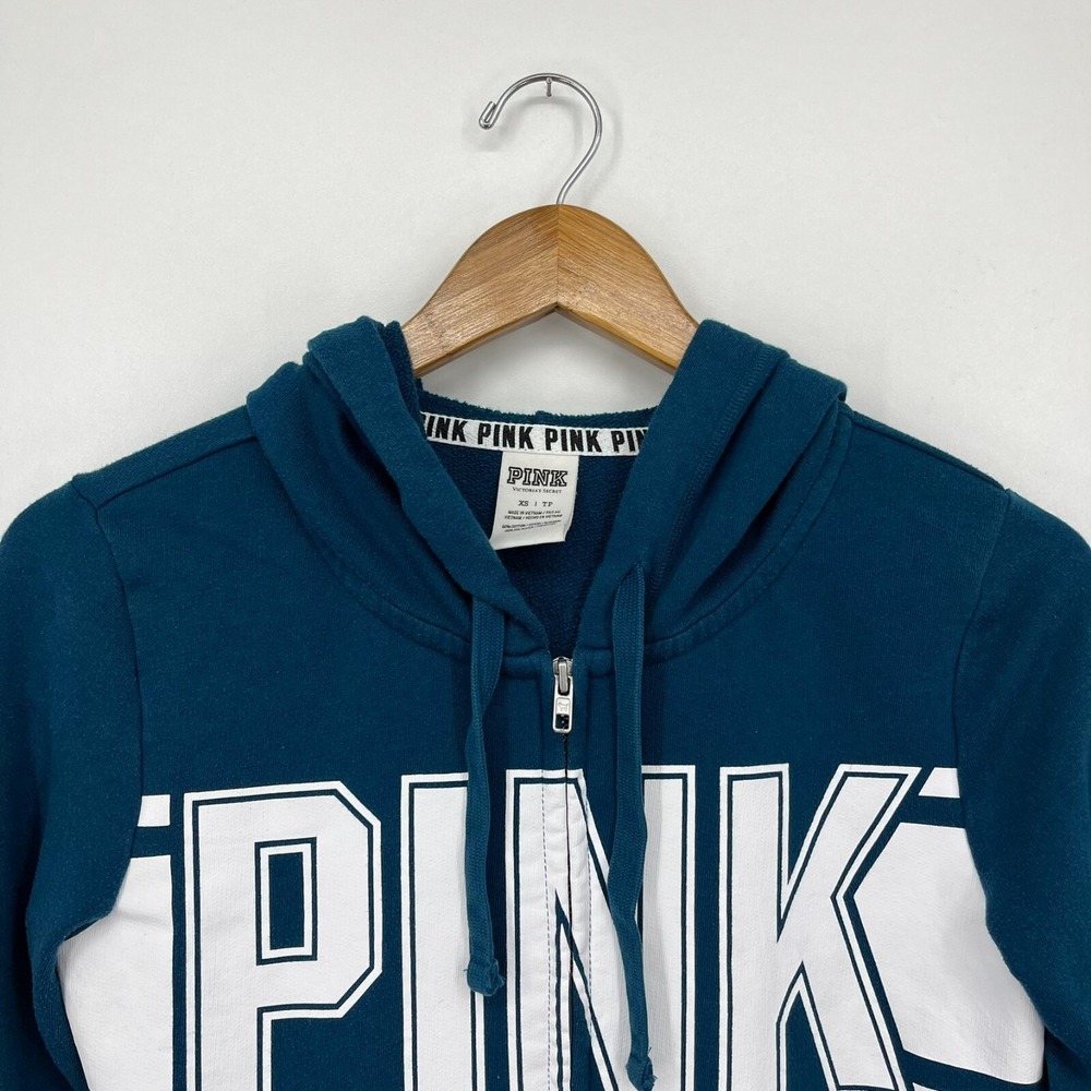 PINK Victoria's Secret Full Zip Hoodie Women's Size XS Blue Logo Cotton Blend - Picture 2 of 9